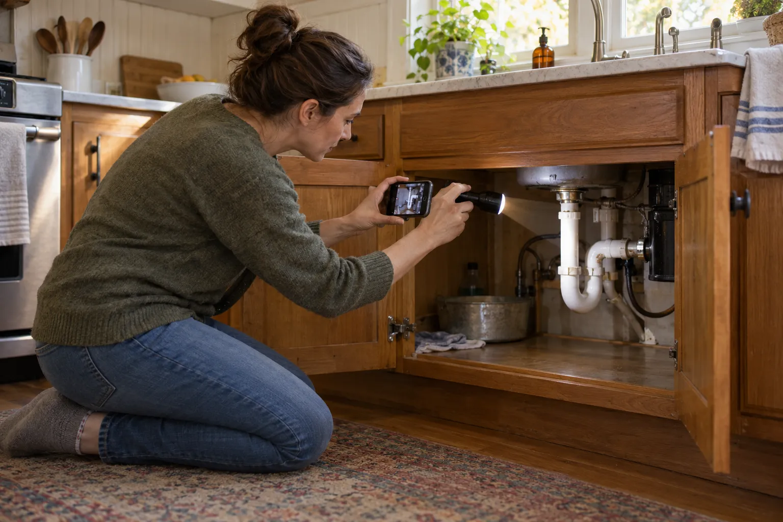 Homeowner checking a pipe under a kitchen sink in Quogue with a flashlight
